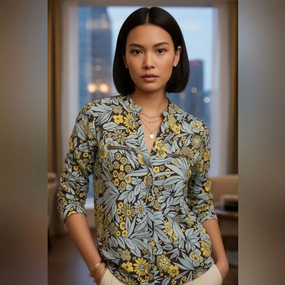 Floral V-Neck Women's Top - Yellow and Blue
